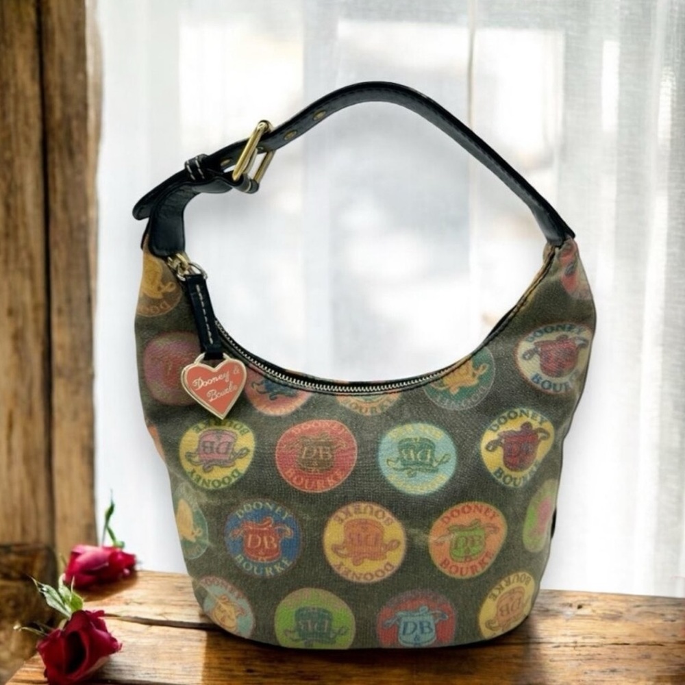 💰SALE💰 Dooney & Bourke Y2K Multi-Color Logo Circles Canvas Hobo Shoulder Bag